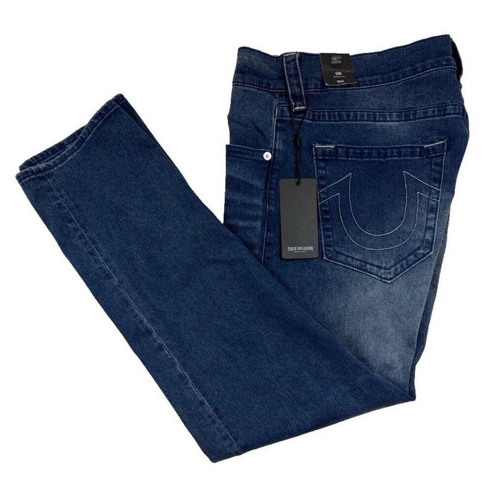 NEW TRUE RELIGION GENO MENS 34X32 DENIM BLUE WASH USA RELAXED SLIM FIT JEANS